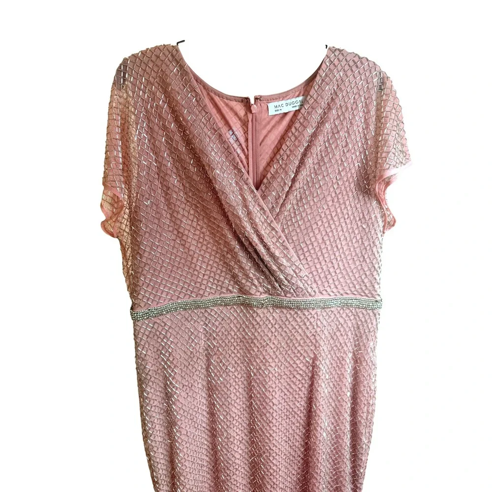 Mac Duggal 93787 Lattice Beaded Wrap VNeck Cap Sleeve Rose Pink Gown‎ Size 14